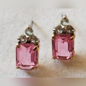 Pink Sparkling Emerald Cut Light Amethyst Studs Gold over Sterling Silver